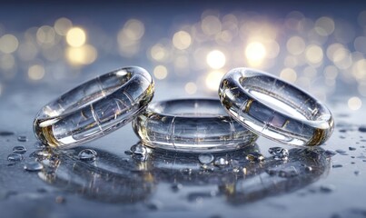 Three transparent rings on a wet surface, bokeh background