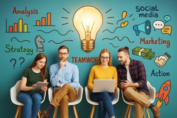 Wall Mural - creative teamwork concept with young professionals using digital devices and brainstorming ideas und