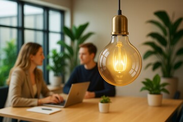 Wall Mural - close-up of glowing light bulb in modern office with blurred background of business meeting and indo