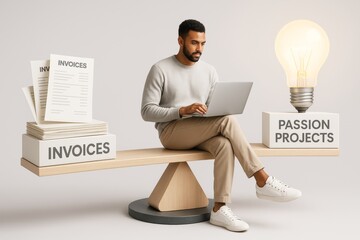Wall Mural - man balancing business invoices and passion projects on seesaw with laptop, symbolizing work-life ba