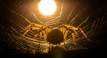 Close-up shot of a large spider at the center of its intricate web illuminated by a warm bright light source