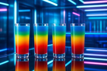Wall Mural - colorful rainbow layered drinks in tall glasses on reflective surface with neon lights in futuristic