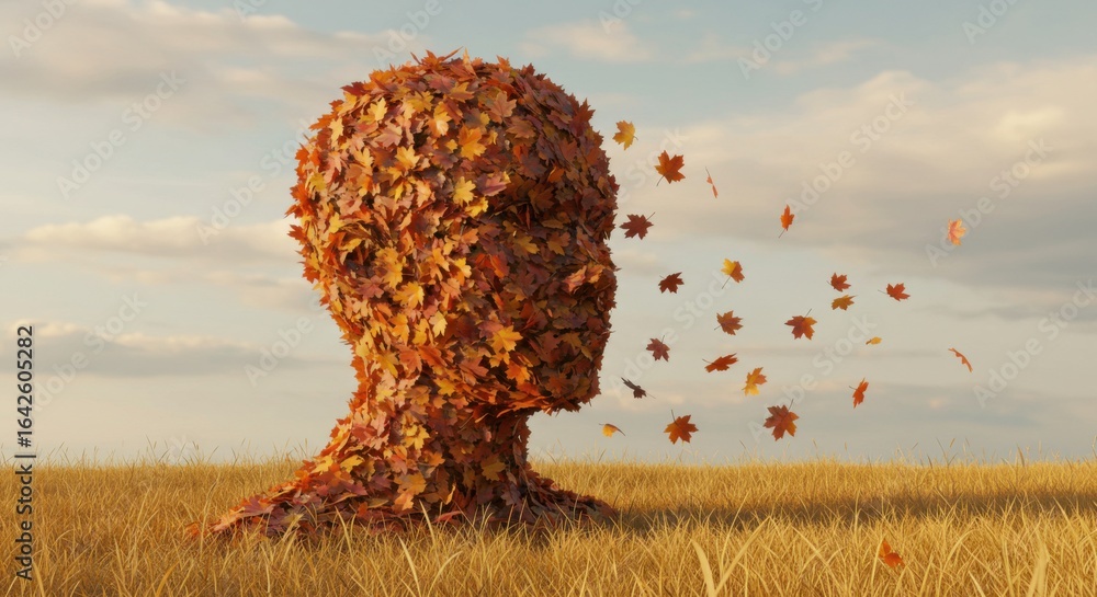 Autumn leaves form a human head with leaves blowing away in a field ...