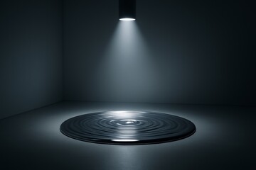 Wall Mural - abstract black liquid ripple circle under spotlight in dark minimal room, futuristic surreal backgro