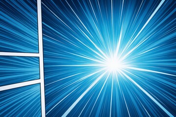Wall Mural - comic-style blue radial light burst with speed lines and panel borders on a dynamic background showc