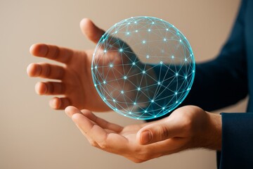 Wall Mural - futuristic digital hologram sphere held between hands with glowing network lines and dots, symbolizi