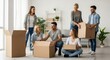 © hilwanstock - Happy Diverse Group of Friends Moving into New Home, Unpacking Boxes Together