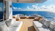 © Chaikit - Forward deck lounging area master crafted teak flooring geometric patterns marine-grade steel fittings plush white waterproof upholstery crystalline tropical waters surrounding panoramic ocean vista