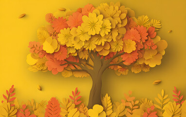 Wall Mural - Autumn background, tree paper leaves, yellow backdrop, design for fall season sale banner, poster or thanksgiving day greeting card, festival invitation, paper cut out art style, vector illustration