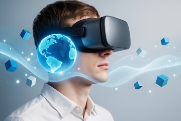 Wall Mural - man wearing virtual reality headset with digital globe and blue cubes on futuristic light background