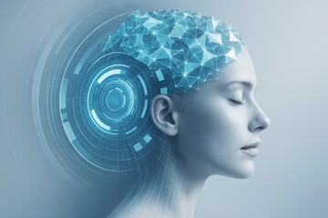 Wall Mural - futuristic concept of human mind connected to digital neural network with glowing polygons and tech 