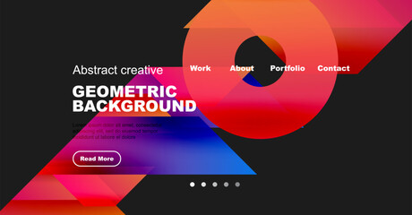 Modern website mockup. Vibrant geometric shapes, text overlay, navigation menu. Dark background provides contrast. Simple design.