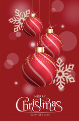Wall Mural - Merry Christmas red greeting card clipart poster. Merry Christmas and wishing happy new year card template clip art with hanging pattern bauble balls and glitter snowflakes elements for xmas holiday 