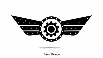 Wall Mural - Black and white emblem featuring a gear inside a circle with wings decorated with dots and horizontal lines