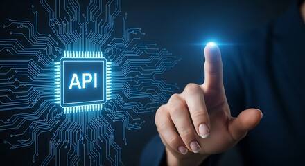 A hand interacts with a digital representation of an API, highlighting technology and interface.