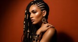 A beautiful woman with elaborate cornrow braids and long box braids adorned with gold beads, wearing large earrings and a bracelet, against a warm background.