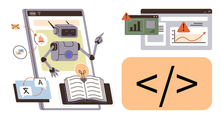Robot exploring online learning resources, including translation tools, data charts, and programming interface. Ideal for education, AI, programming, analytics, automation technology innovation