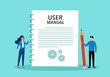 © Orapun - Employee with user guide manual or handbook in flat design vector illustration.
