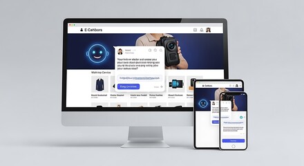 Illustration of ecommerce website displayed on multiple devices with customer interaction