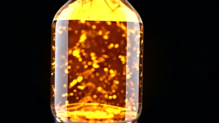 Wall Mural - a glass bottle filled with vibrant orange liquid, showcasing bubbles and movement against a dark bac