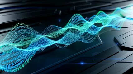 Wall Mural - Digital waves of binary code and light stream over a dark, futuristic surface, depicting abstract data flow footage.