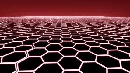 Wall Mural - Futuristic hexagonal grid with glowing lines on a red background. Digital science and technology data structure concept. Abstract virtual space animation.