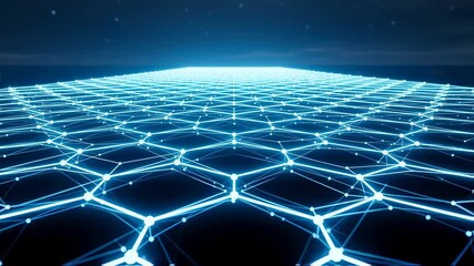 Wall Mural - Glowing interconnected dots forming a hexagonal grid surface, representing a digital network, data, and technology concept footage.