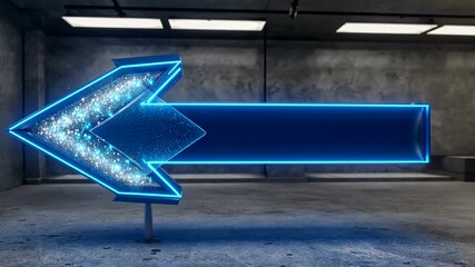 Wall Mural - neon blue arrow sign pointing left in an industrial space with a textured concrete background