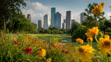 Houston skyline viewed from park, flowers foreground