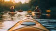 © Irina - Friends enjoy kayaking on a calm river at sunset capturing moments of joy and adventure together