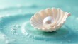 © Angel Pic - A lustrous pearl nestled within a delicate seashell rests on a tranquil, aqua-colored surface, adorned with tiny grains of salt.