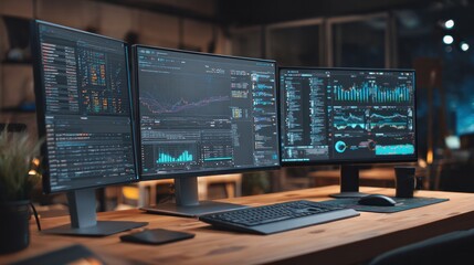 Wall Mural - Digital Data Analysis: A modern workstation displays data analytics on multiple screens, symbolizing the power of technology and data-driven insights.