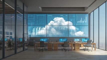 Wall Mural - Cloud Computing Control Room: A modern, spacious control room displays sophisticated cloud computing data visualizations, showcasing innovation in technology and big data analysis.