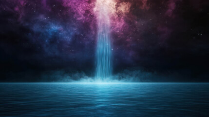 Wall Mural - Majestic Cosmic Waterfall Emerging from Celestial Clouds Illuminating Dark Waters Beneath a Starry Sky in a Digital Art Creation