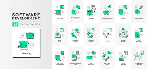 Software development and testing modern linear concept icons bundle. Test planning, user experience. Flat outline elements connected with dotted lines. Creative mega set. Easy to edit