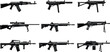 © Ideasy Mind - Firearm silhouettes, rifle designs, submachine guns, weapon types, tactical gear, military firearms, scopes, bipods, barrel length, black vector illustration