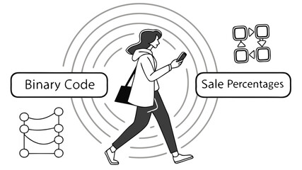 Woman walking in a digital world of binary codes and sale percentages