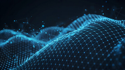 Dynamic abstract blue network mesh with glowing nodes and bokeh highlights, representing data, science, and innovation in a futuristic digital landscape