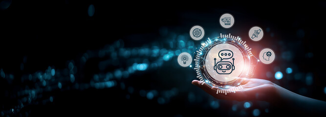 AI, Artificial Intelligence and Chatbot Technology. Hand holding a glowing AI chatbot surrounded by technology and innovation icons. AI, automation and smart communication solution.
