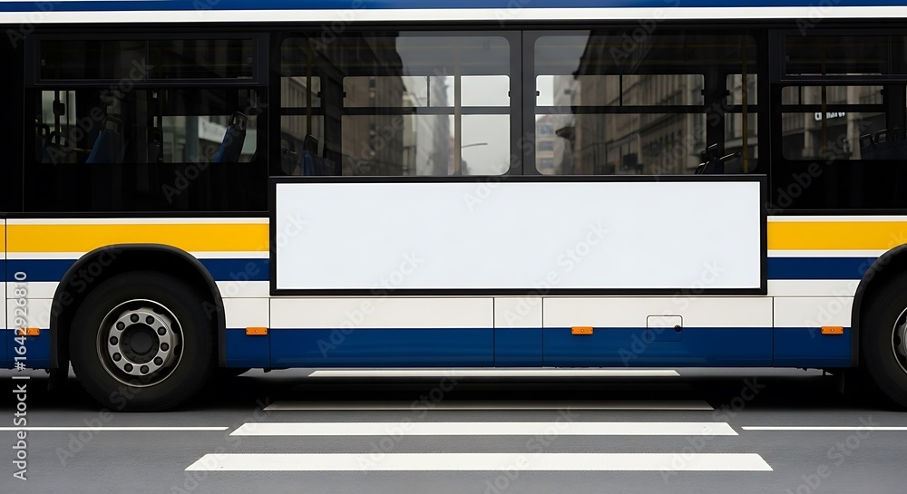 Side view of a city bus with blank advertising space and crosswalk ...