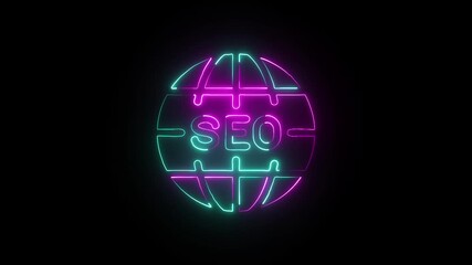 Neon SEO Globe Representing Search Engine Optimization, Global Web Presence, Digital Marketing, Online Visibility, and Internet Strategy in Glowing Style,