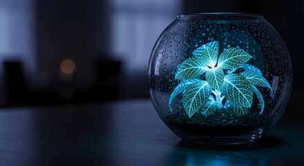 A glowing blue flower encased inside a transparent sphere in a dimly lit room.