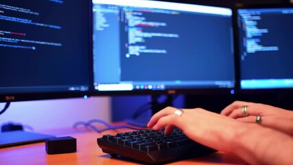 Focused programmer typing code at dual monitors in a dimly lit workspace with vibrant lighting