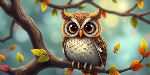 Adorable owl with big eyes perched on a whimsical branch, digital painting, forest, bird illustration
