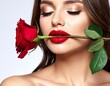 © Arif - Close-up of a woman with vibrant red lips holding a single red rose between her teeth