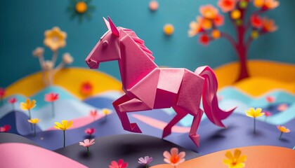 Wall Mural - Whimsical origami horse floats in a vibrant paper landscape, surreal and colorful , design, artistic