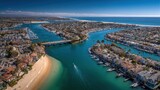 Newport Beach Ca. Aerial View of Harbor Island Neighborhood with Boats and Bridge in Orange County, California