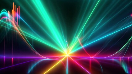 Wall Mural - Abstract neon laser show, colorful light party, bright ultraviolet background, dynamic glowing lines, laser rays beam, stage rainbow show, black background. Loop animation, seamless endless footage.