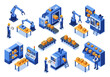 © meeblues - 3D isometric view illustration set of various automated factory processes featuring robotic arms, CNC machines, conveyor belts moving goods, and factory workers overseeing the production