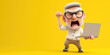 © alexkoral - Cute funny cartoon character angry screaming elderly old man grandfather in glasses working on a laptop on yellow isolated background with a copy space